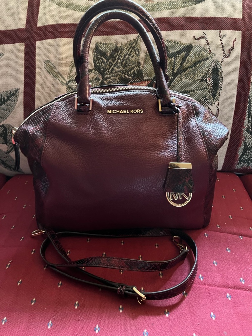 Michael Kors Deep Burgundy Leather Satchel with Gold Accents